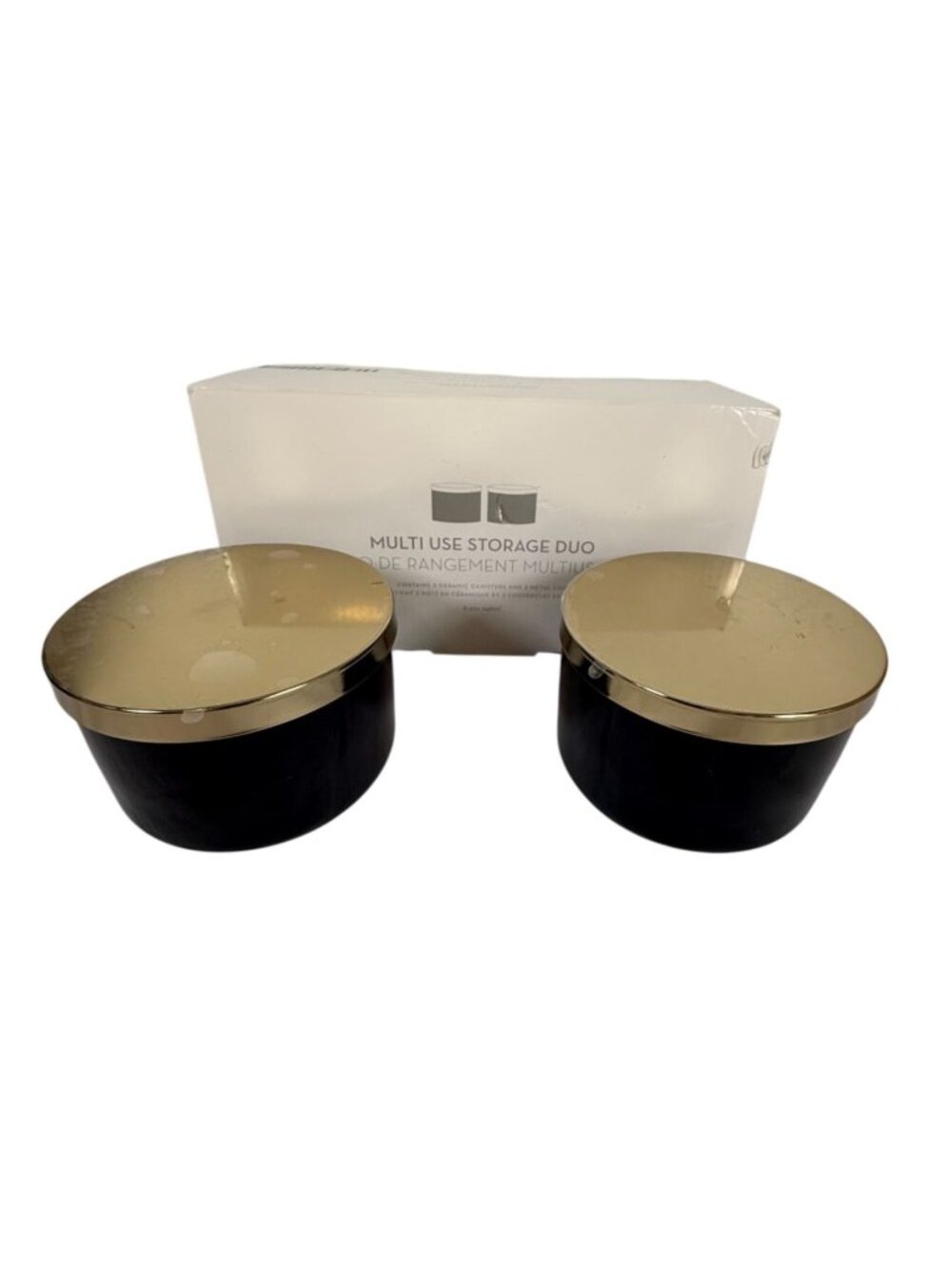 Z Gallerie Pair Black Ceramic Canisters Gold Lids 8.4 Oz Art Deco Boudoir Glam
